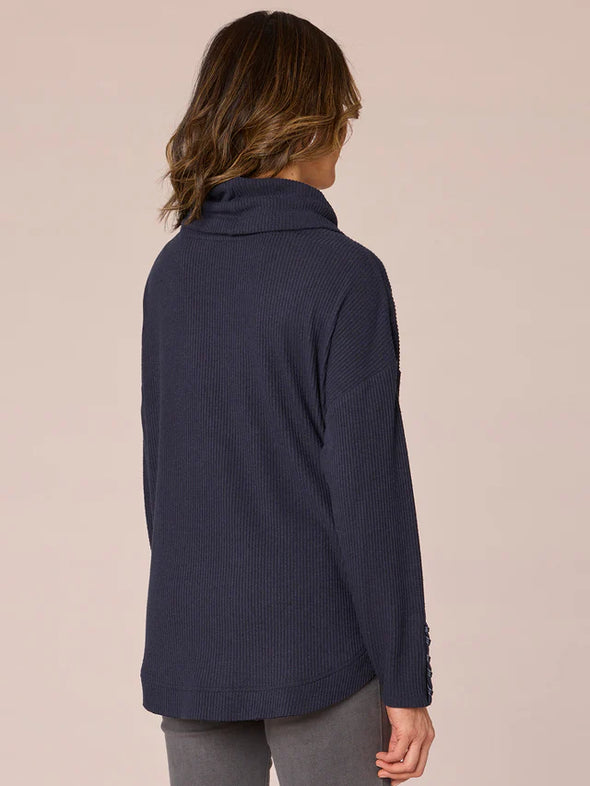 democracy clothing heather carbon blue navy long sleeve ribbon detail cowl neck brushed knit tunic top drawstring neck