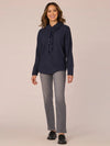 democracy clothing heather carbon blue navy long sleeve ribbon detail cowl neck brushed knit tunic top drawstring neck