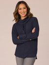 democracy clothing heather carbon blue navy long sleeve ribbon detail cowl neck brushed knit tunic top drawstring neck