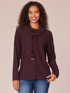 democracy clothing heather dark raisin long sleeve ribbon detail cowl neck brushed knit tunic top drawstring neck