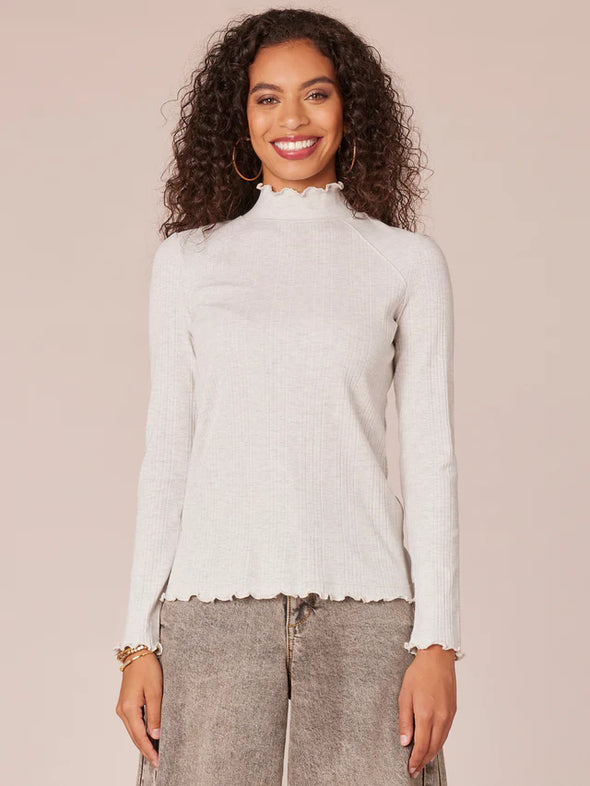 democracy clothing long raglan sleeve mock neck mixed media lettuce edge knit top heather cream