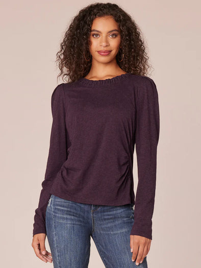 democracy clothing long sleeve soutache embroidered crew neck knit top with ruching heather concord grape