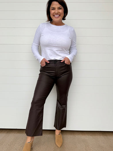 kut from the kloth kelsey coated high rise ankle flare jeans chocolate