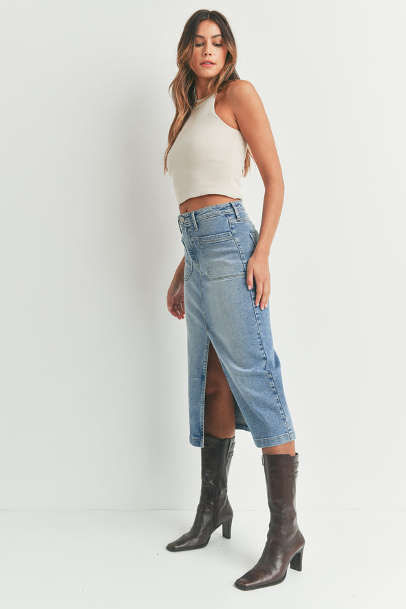 The Andie Utility Pocket Denim Midi Skirt