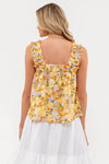 APRICOT MULTI water color floral print ruched sleeve tank top