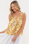 APRICOT MULTI water color floral print ruched sleeve tank top
