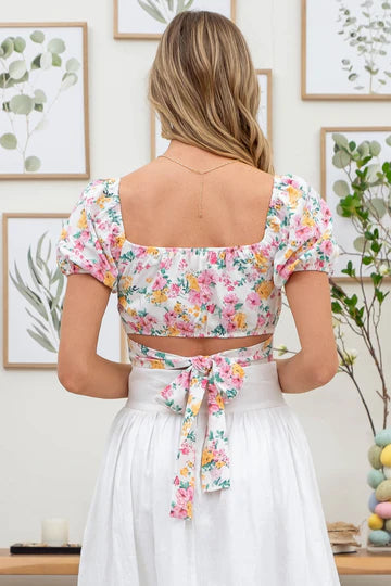 FUCHSIA MULTI floral corset waist tie back crop top