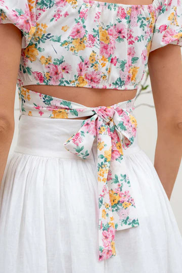 FUCHSIA MULTI floral corset waist tie back crop top
