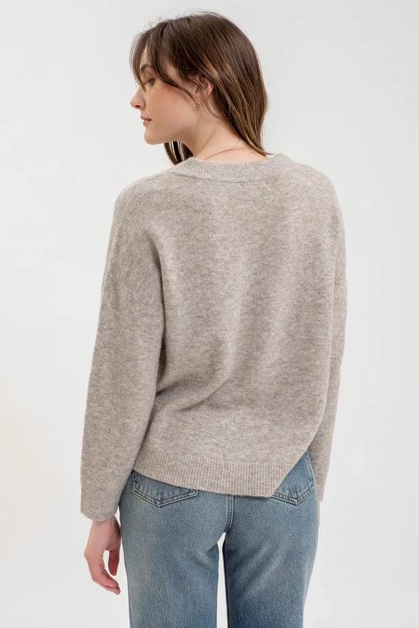 Mocha grey blu pepper v-neck long sleeve marled knit pullover sweater basic relaxed fit