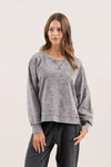 blu pepper washed extended shoulder knit top oversized fit exposed seams side slits pullover crewneck sweatshirt charcoal