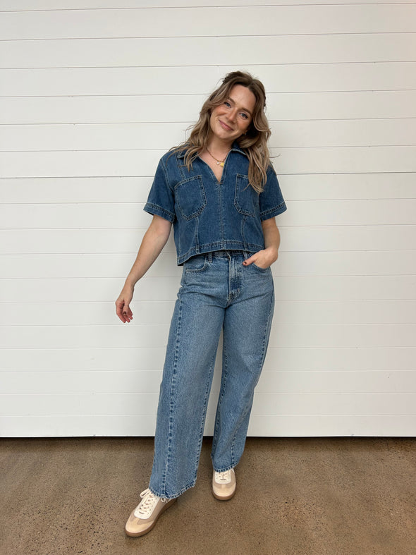Short sleeve boxy denim collared cropped top medium wash