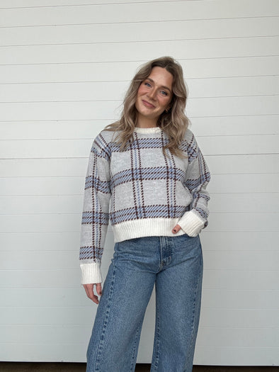 Z supply junction plaid crewneck sweater blue grey white