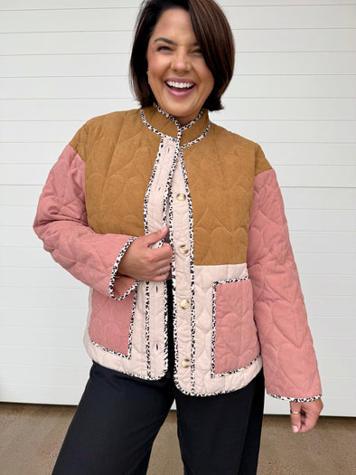Quilted color block button front jacket leopard detail