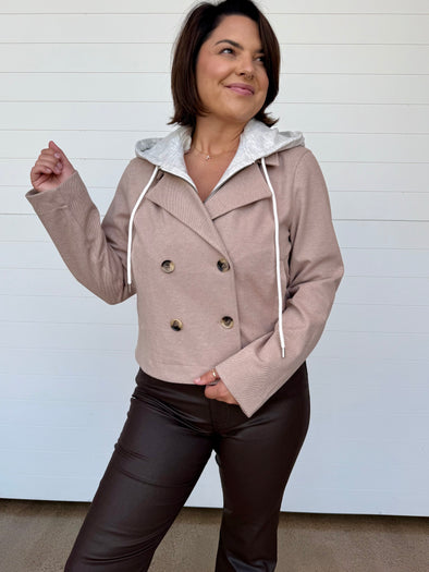 Cropped trench twofer jacket removable hoodie taupe grey