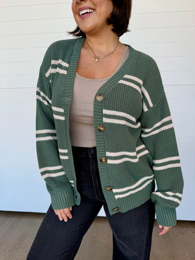 z supply boyfriend striped cardigan hunter green long sleeve button front cotton multi stripe sweater