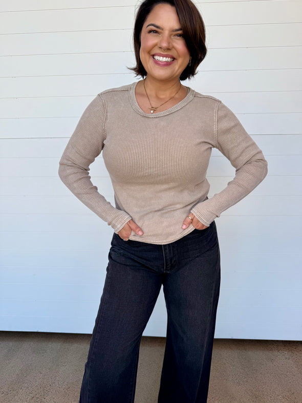 z supply arlet thermal knit long sleeve fitted top desert tan