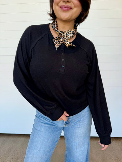 z supply about town top black crewneck long sleeve henley neckline brushed knit top