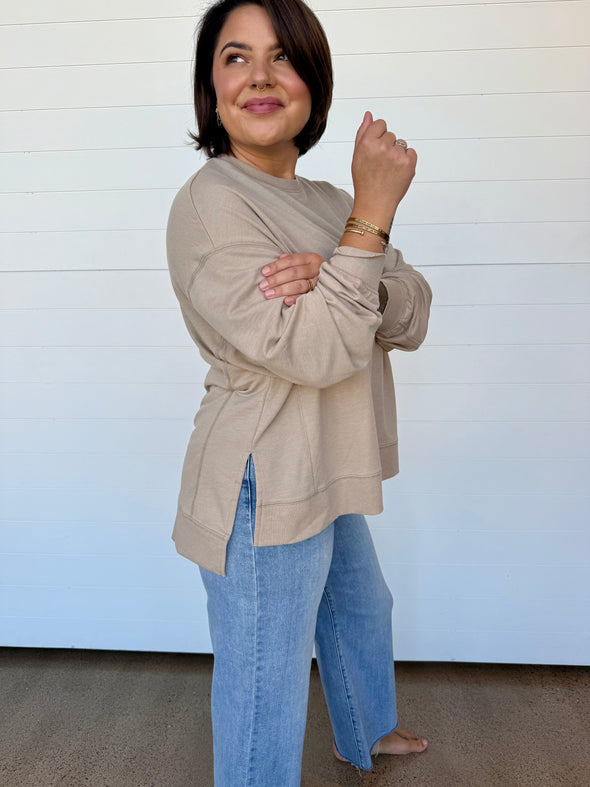 z supply modern weekender crewneck long sleeve light wash french terry sweatshirt retreat tan