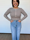 z supply stella stripe henley crewneck long sleeve button front lightweight knit top heather taupe