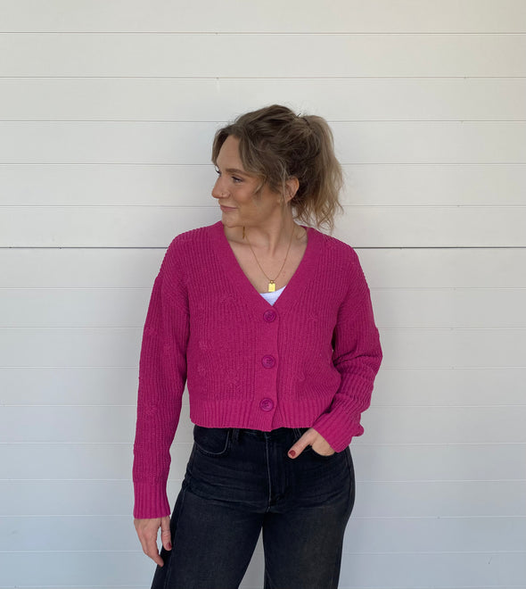z supply fleur button up long sleeve cropped cardigan magenta