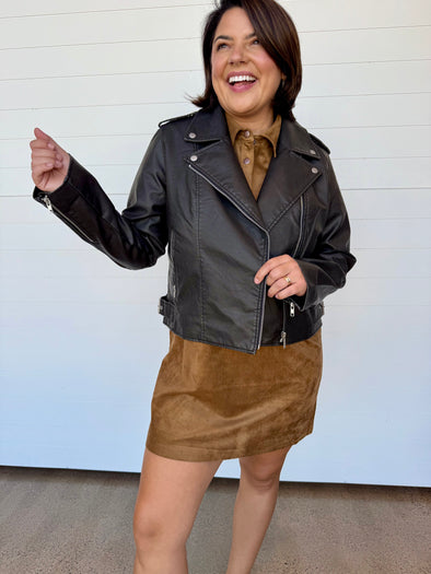 z supply alchemy moto jacket collared long sleeve faux leather relaxed fit black jacket