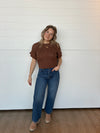 short sleeve brown cable knit cropped sweater