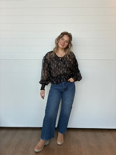 balloon sleeve semi sheer floral blouse tie front smocked details