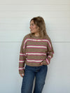 long sleeve striped sweater relaxed fit pink brown ivory rolled edge details
