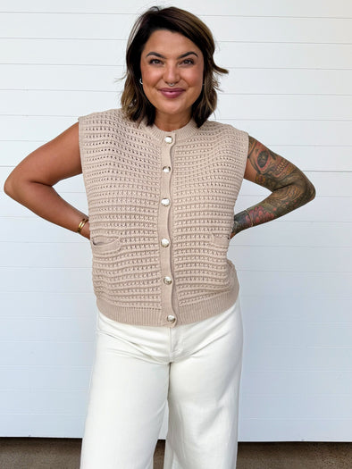 The Gracie Button Front Crochet Sleeveless Sweater