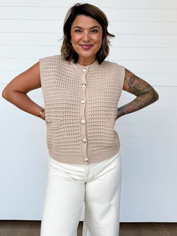 The Gracie Button Front Crochet Sleeveless Sweater