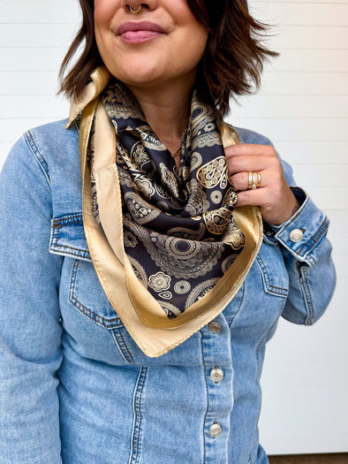 faux silk paisley gold black scarf hair bag 