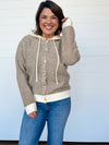 hooded button front sweater long sleeve top taupe cream
