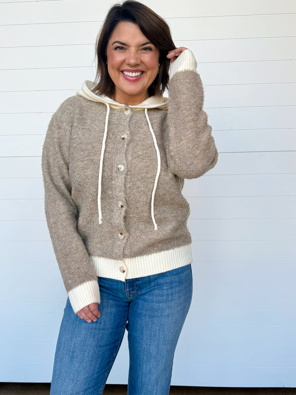 hooded button front sweater long sleeve top taupe cream