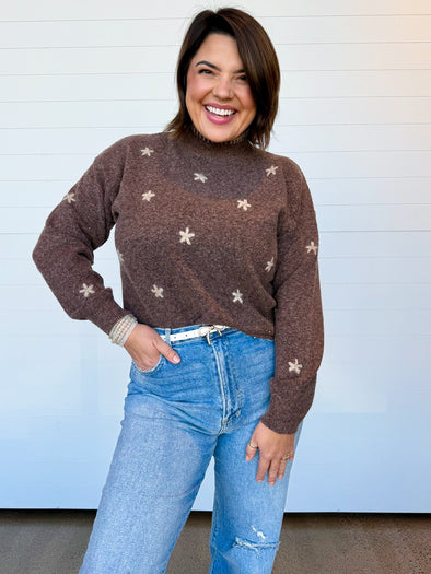 mock neck floral embroidered brown long sleeve sweater