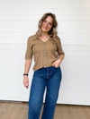 women's short sleeve tan button up sweater with scalloped trim