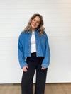 women's cropped long sleeve button up denim shirt