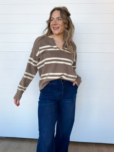notch neck brown cream long sleeve striped sweater