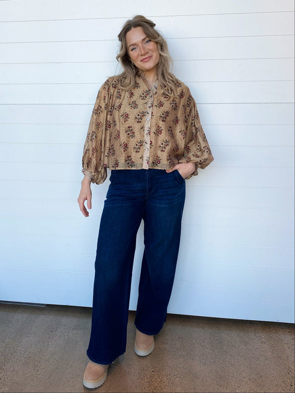 long sleeve puff shoulder cropped button up floral print blouse tan
