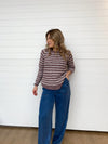 striped crewneck long sleeve sweater burgundy white curved hemline