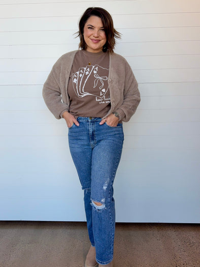 graphic tee crewneck short sleeve how lucky are we coquette cards