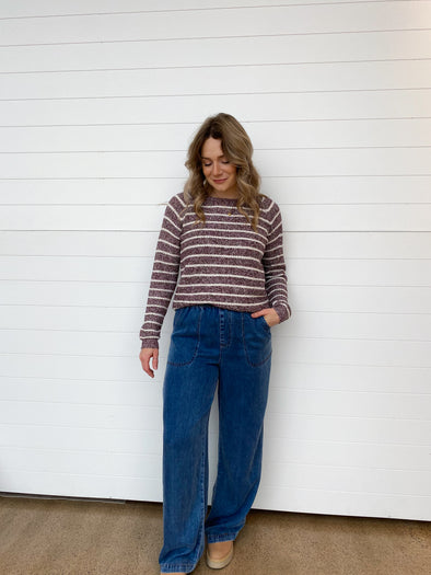 chambray elastic waist pull on wide leg pants lightweight medium wash denim longer length