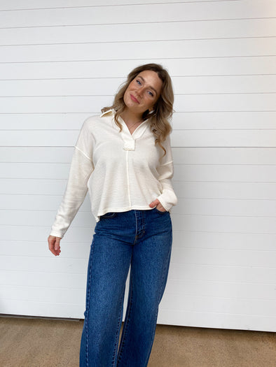 inside out seam detail collared pullover cream long sleeve off white