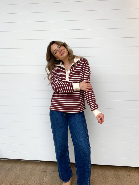striped collared henley long sleeve pullover burgundy white 