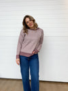 crewneck checkerboard detail soft long sleeve sweater mauve white