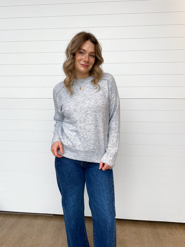 crewneck long sleeve ribbed detail grey sweater long sleeve