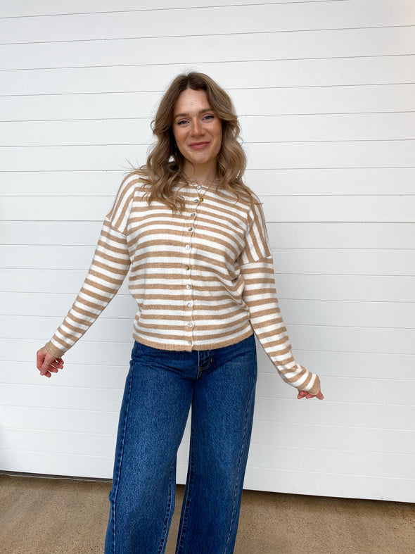 striped long sleeve button down cardigan taupe white