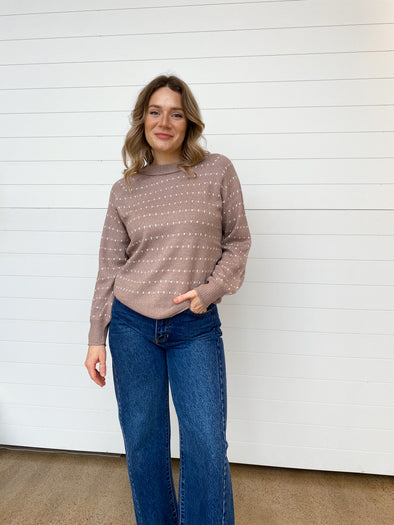 crewneck embroidered stripe detail mauve long sleeve sweater