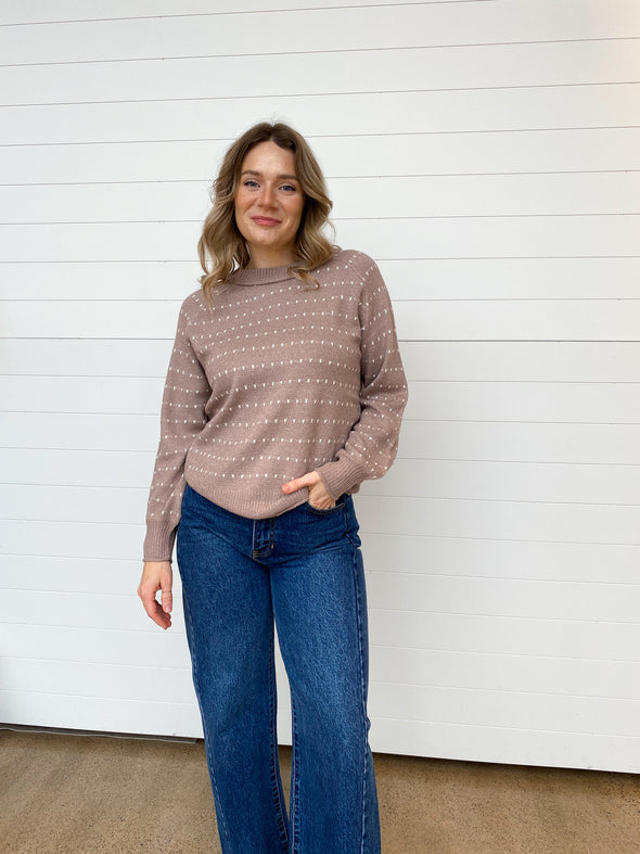 crewneck embroidered stripe detail mauve long sleeve sweater