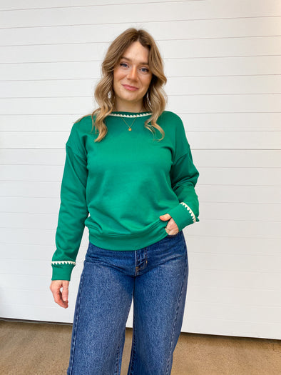 embroidered contrast detail crewneck sweatshirt long sleeve emerald green