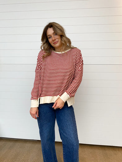 red and white striped pullover side slits oversized long sleeve